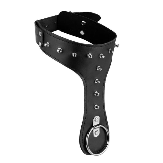 Black faux leather studded BDSM collar with metal O-ring