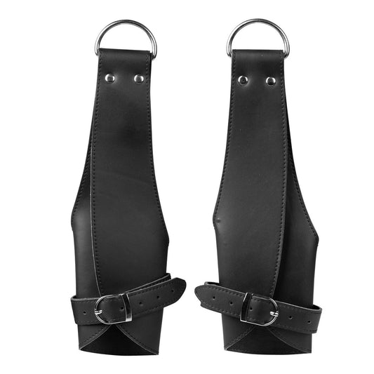 Black BDSM wrist restraints with 3.5cm metal D-rings