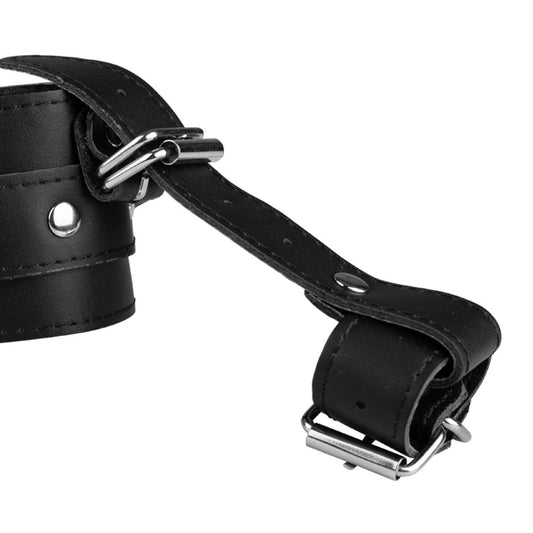 Black PU leather wrist restraint with adjustable thumb loops