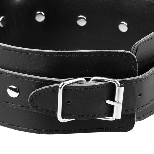 Adjustable black faux leather BDSM collar with restraint strap