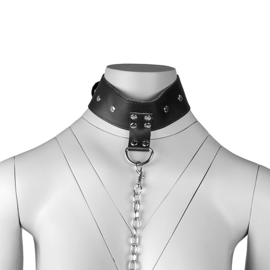 Black faux leather bondage collar with connecting metal chain