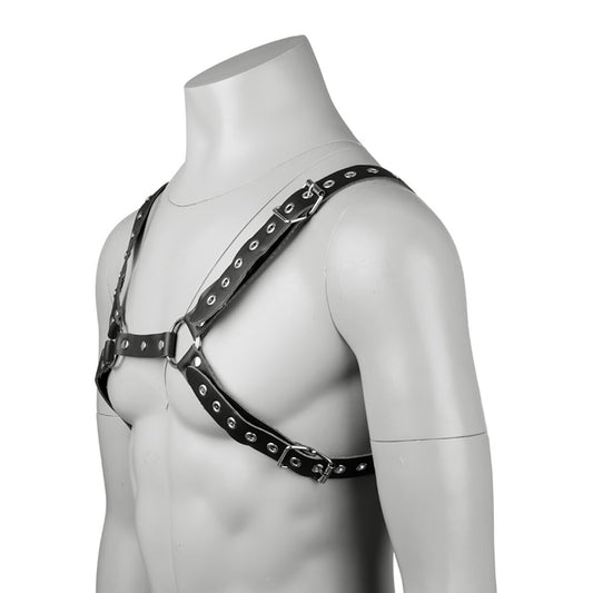 Black adjustable mens chest harness with silver metal O-rings