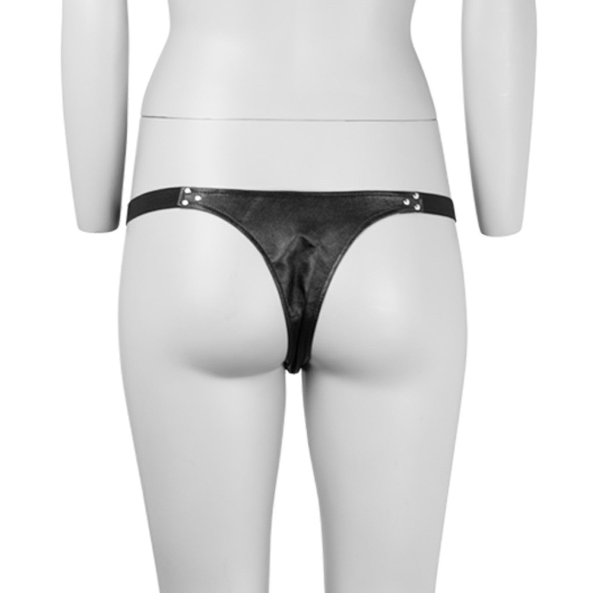 Black faux leather fetish thong with stretch waistband