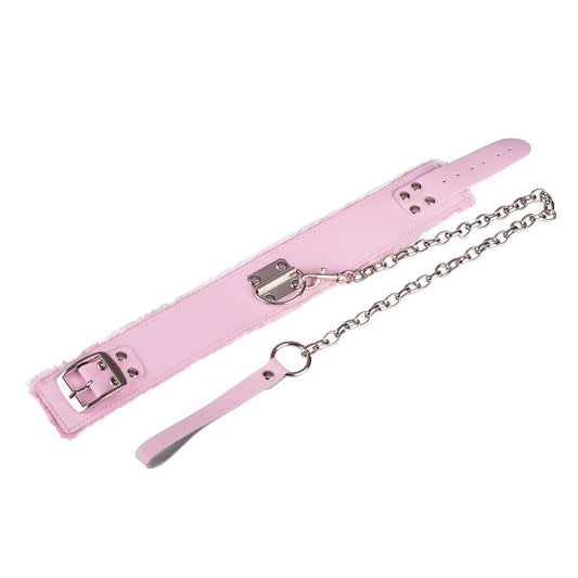 Pink faux leather bondage collar with soft plush lining