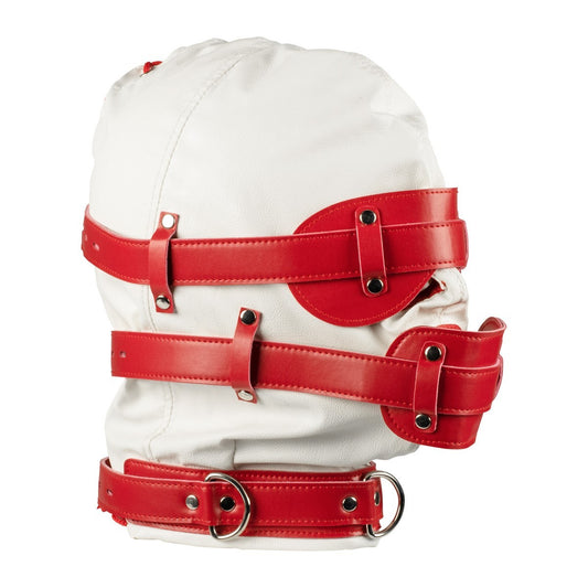 White red faux leather BDSM hood with blindfold and mouth gag