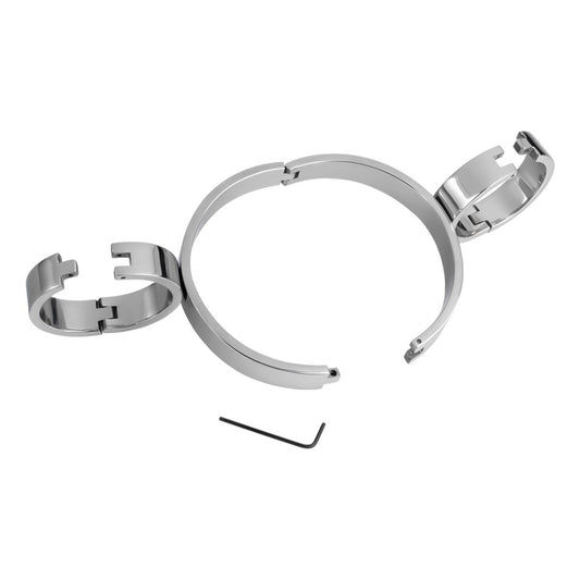 Polished steel neck collar with attached hinged wrist cuffs