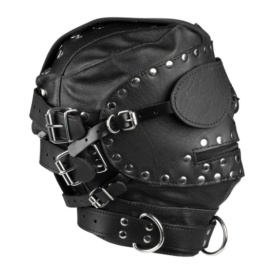 Black BDSM hood with adjustable rear buckle straps