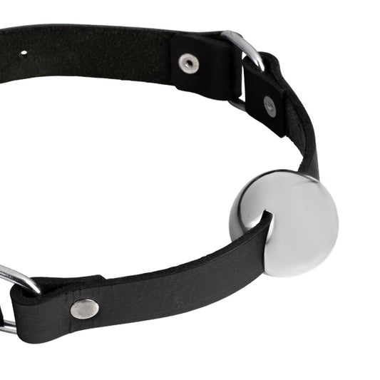 40mm polished metal ball gag with adjustable leather-style straps