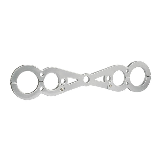 Heavy duty silver metal spreader bar with wrist and ankle restraints