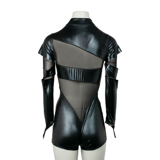 KR-80409 black zip front wet look catsuit small medium