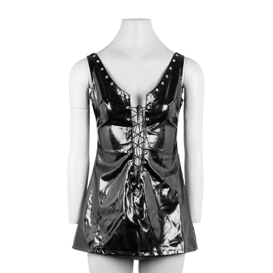 Black PVC look mini dress with lace-up front