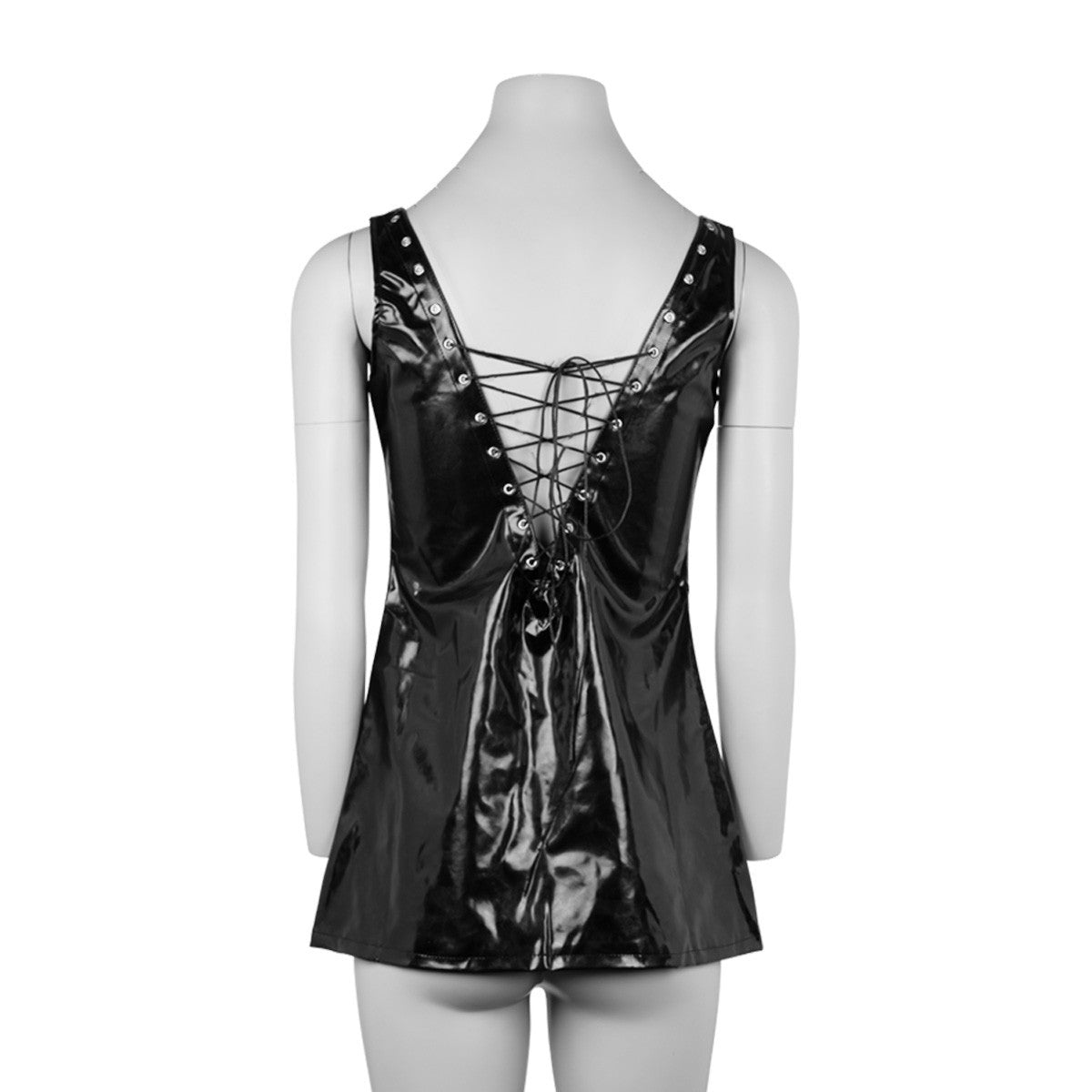 KR-90041 black fetish mini dress with tie-up front and rear