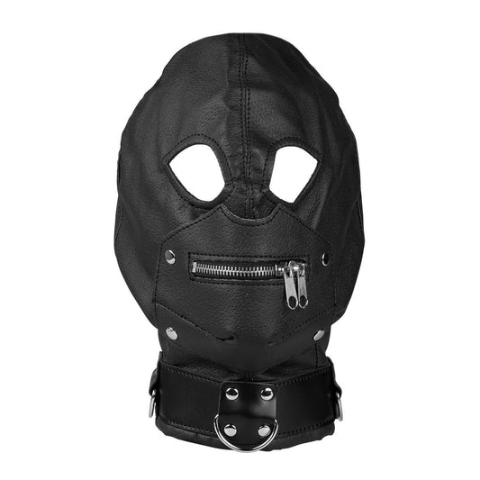 Black faux leather bondage hood with zip mouth KR-0010