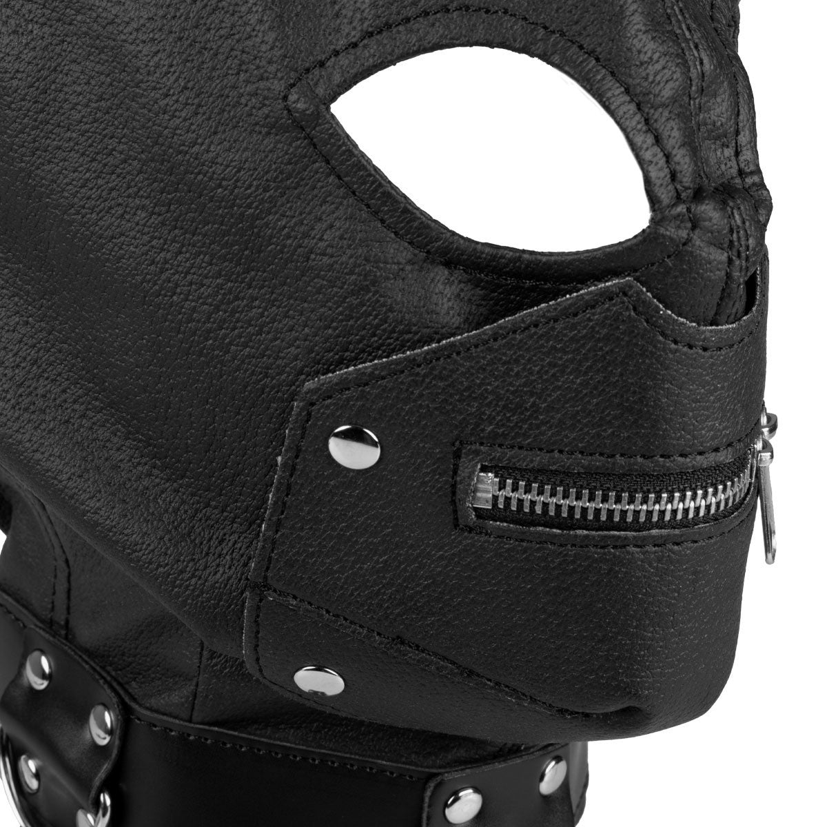 Black bondage hood with open eye cut-outs and zipped mouth