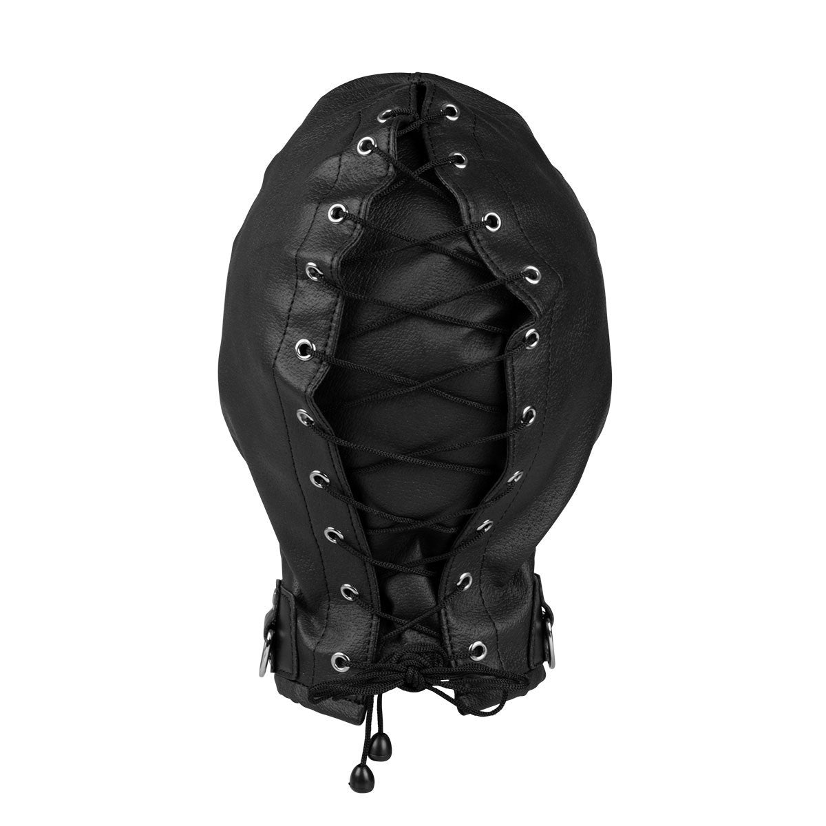 Black BDSM hood with eye openings and silver-tone rivets