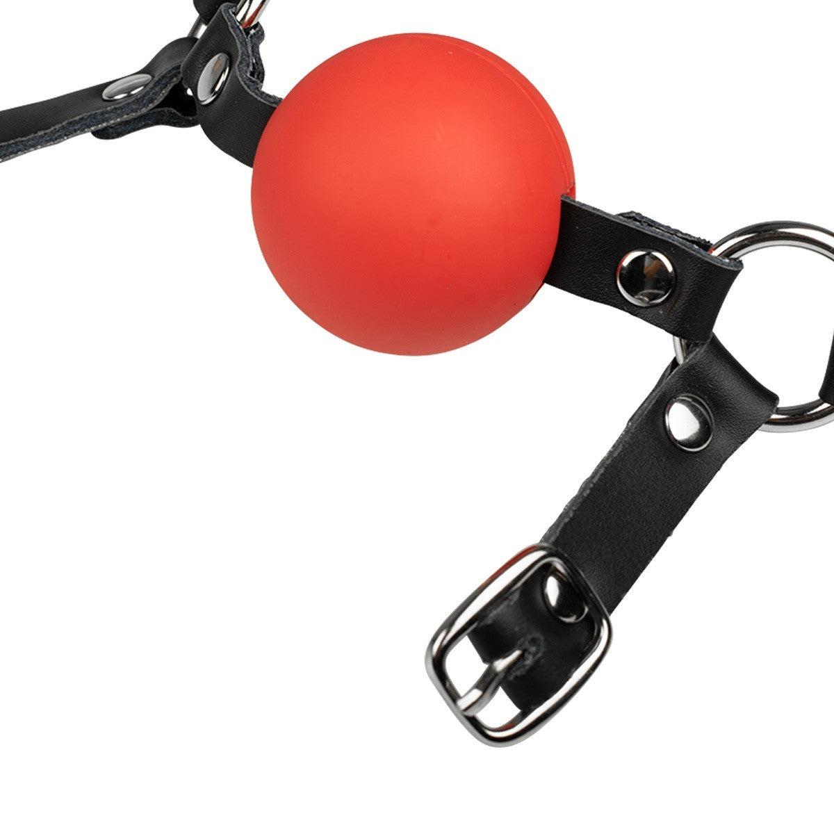 Black PU leather bondage head harness with red gag and chin strap