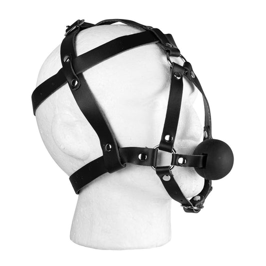 Adjustable black ball gag head harness with chin strap