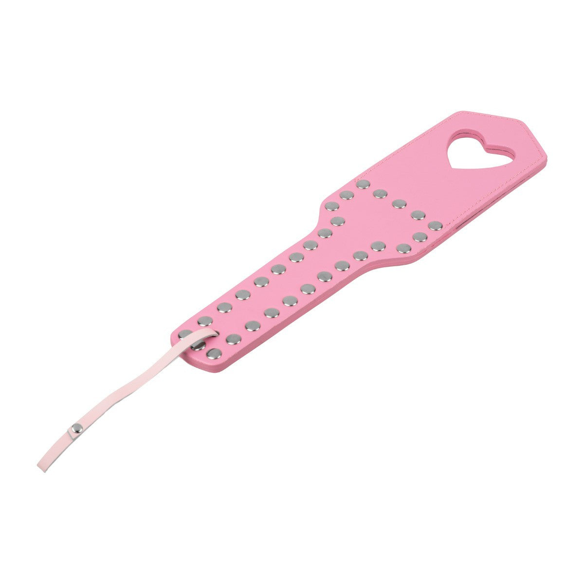 Cut-out lettering and decorative studs on pink BDSM paddle