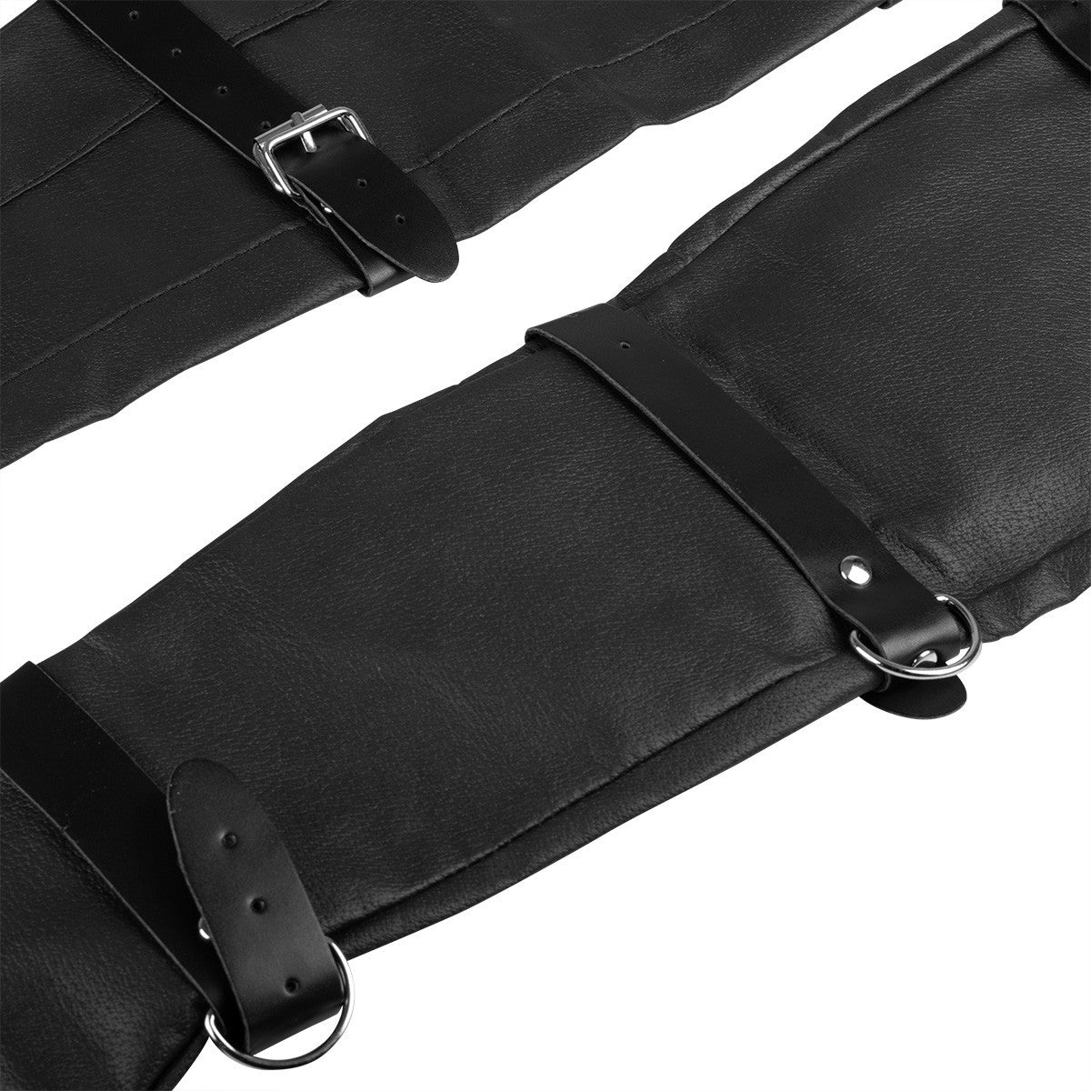 Pair of black bondage arm restraints with metal D-rings