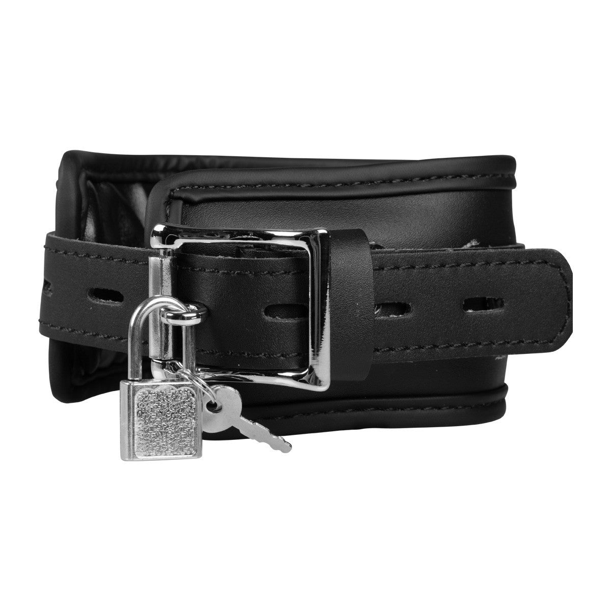 Black PU leather padded bondage cuffs with metal D-rings