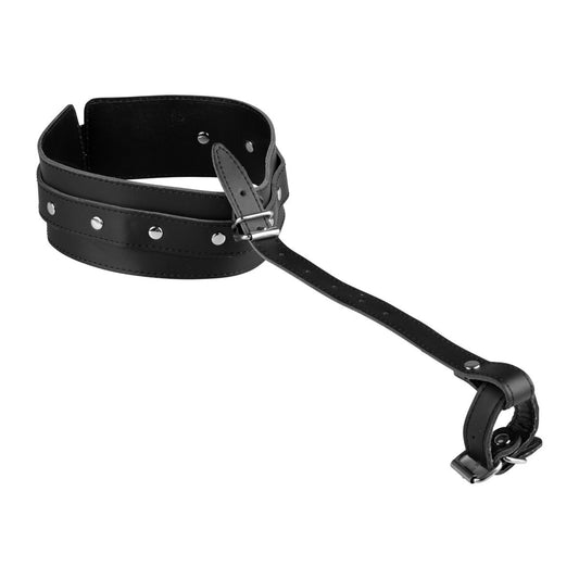 Black bondage neck collar with attachment strap KR-0241