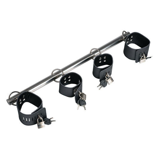Wrist and ankle bondage spreader bar with four restraint cuffs