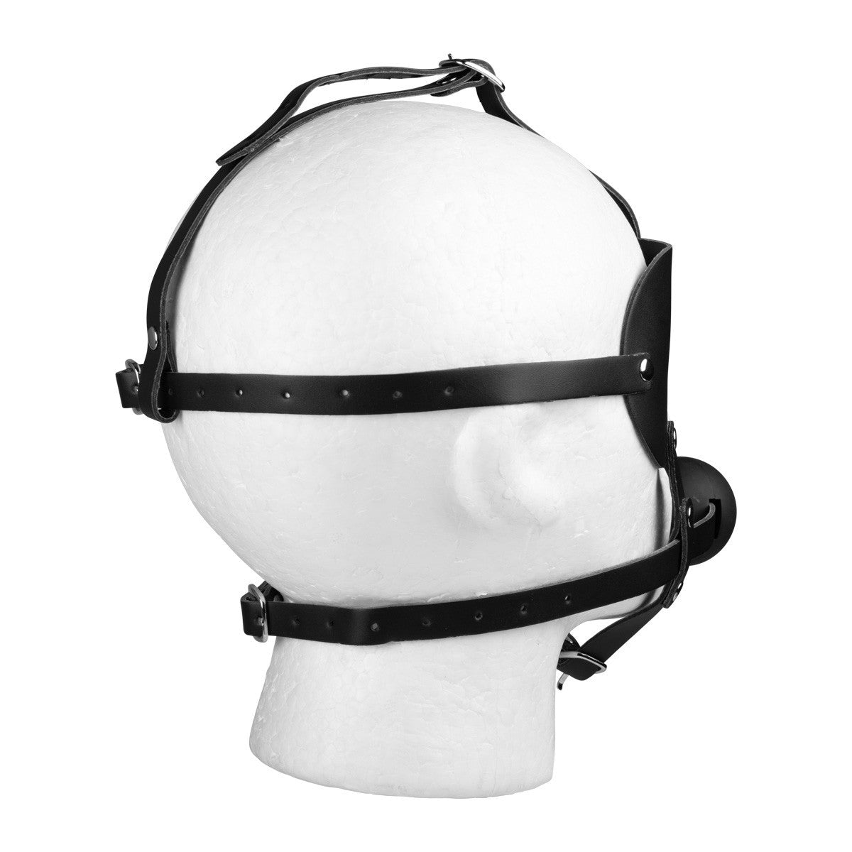 Adjustable bondage mask harness with black ball gag