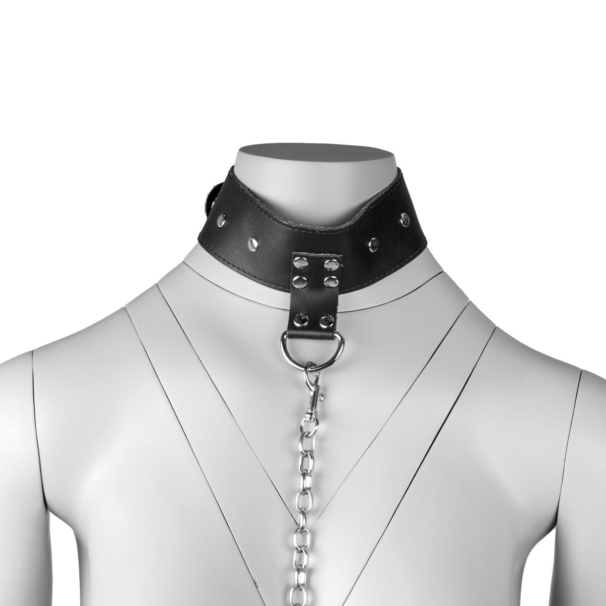 Black faux leather bondage collar with connecting metal chain