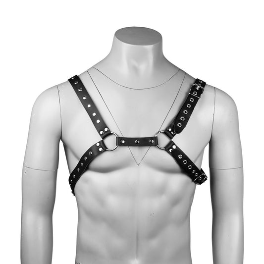 Mens black faux leather chest harness with O-rings KR-0307
