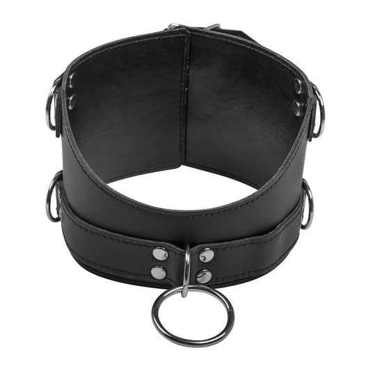 Black BDSM posture collar with silver-tone O-ring hardware