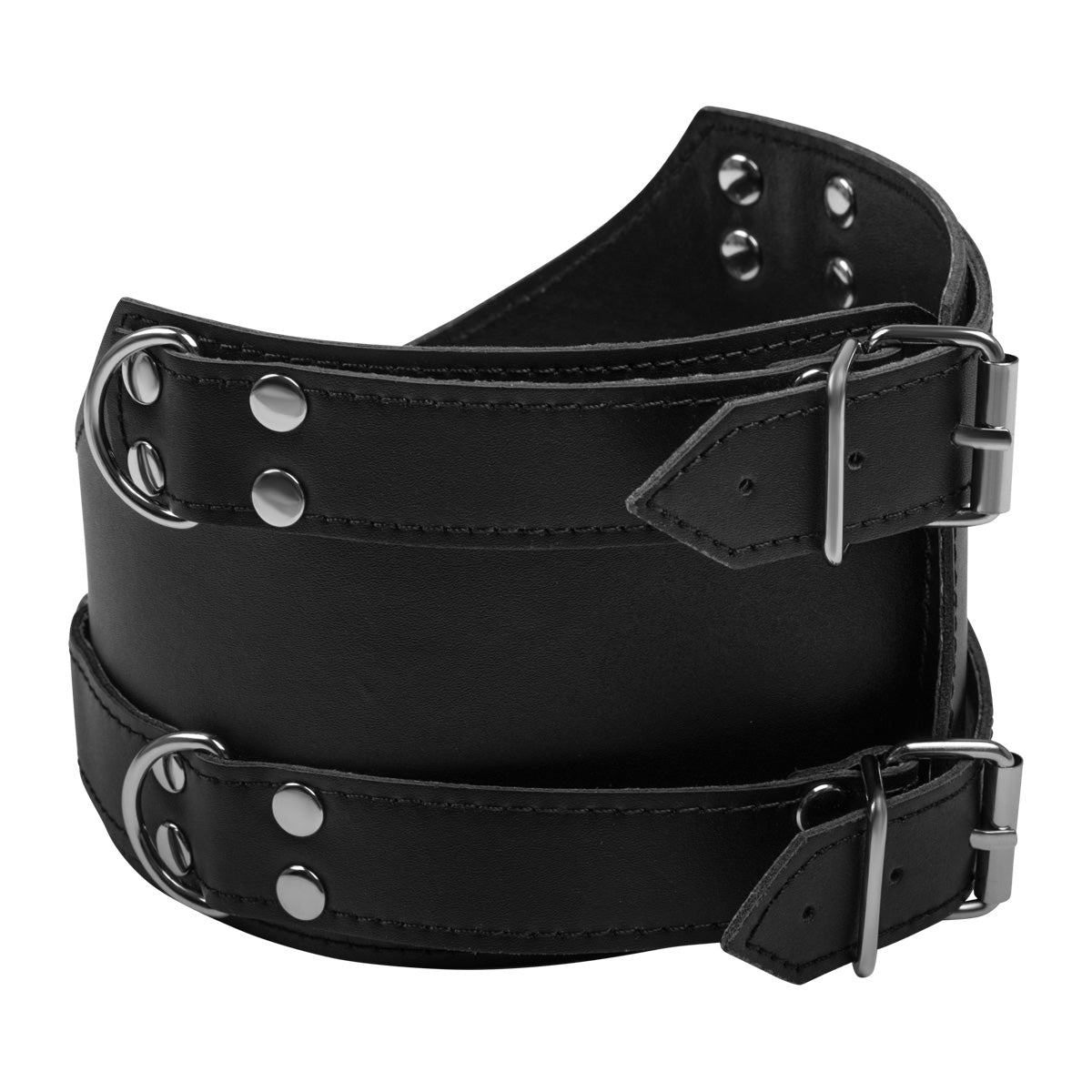 Wide black bondage collar with multiple O-ring attachments