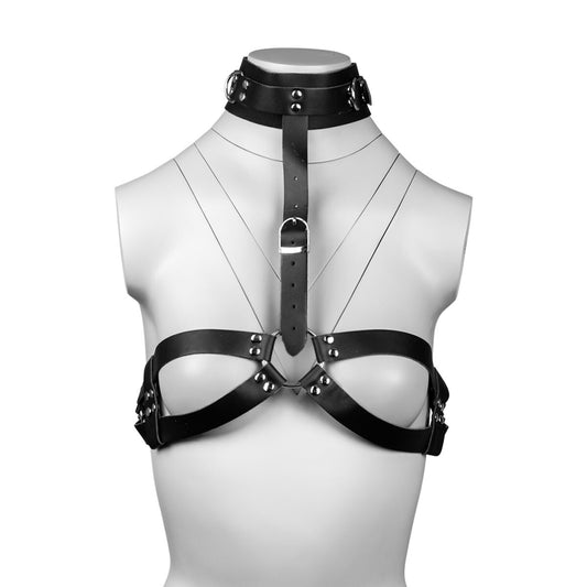 Black faux leather body harness with neck collar KR-0315