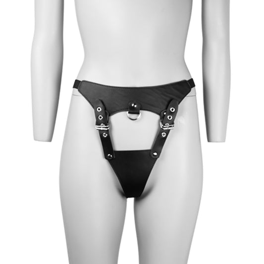 Black adjustable fetish thong with front D-ring