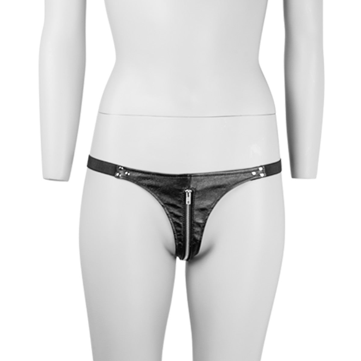 Black faux leather zip front thong KR-0336