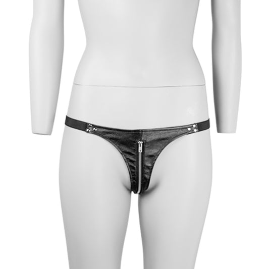 Black faux leather zip front thong KR-0336