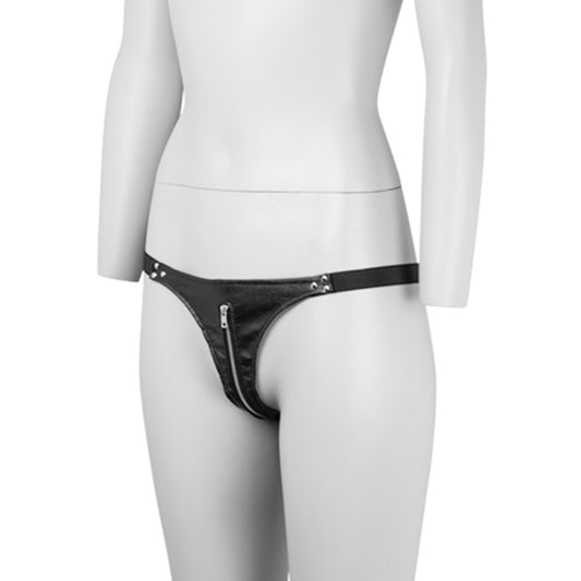 KR-0336 black wet look thong with front zip