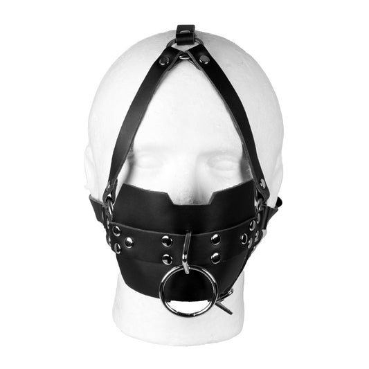 Black PU leather head harness with yellow ball gag