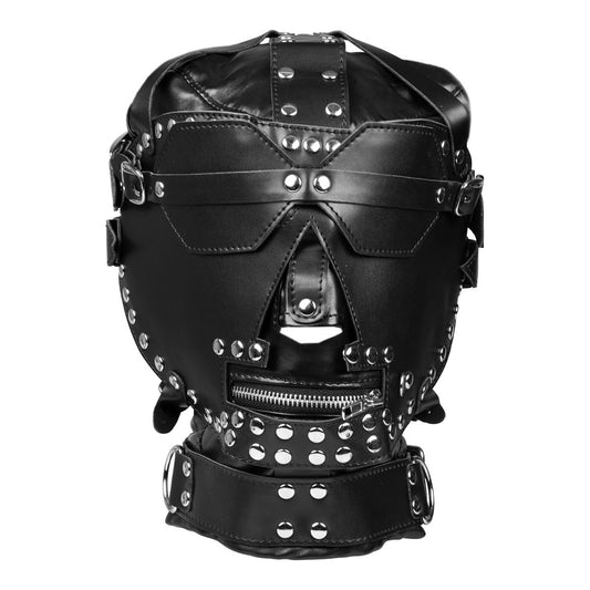 Black faux leather bondage hood with zip mouth KR-0444