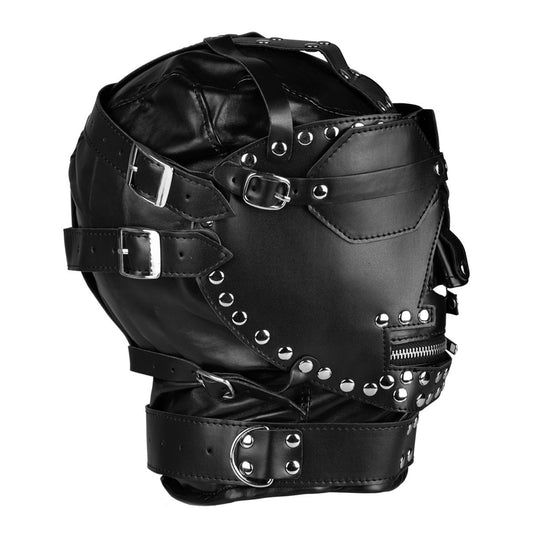 Black BDSM blindfold hood with adjustable fastening