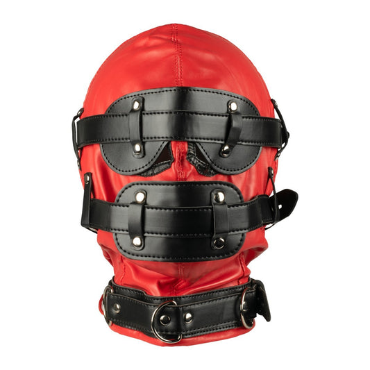 Red and black bondage hood with blindfold and mouth gag KR-0445