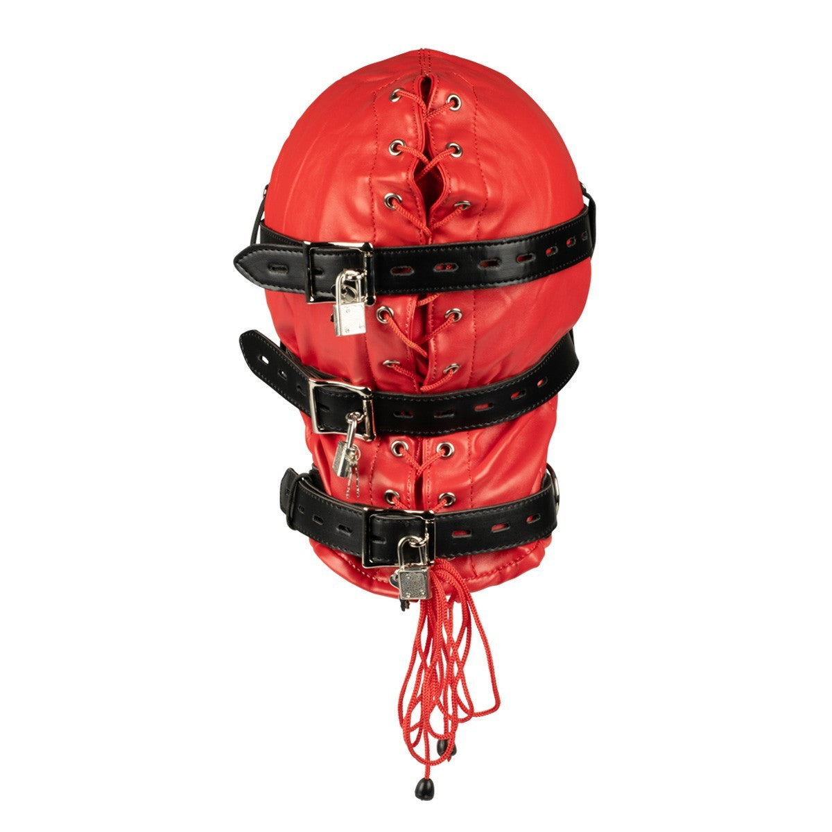 Red black full head bondage mask with integrated blindfold and gag