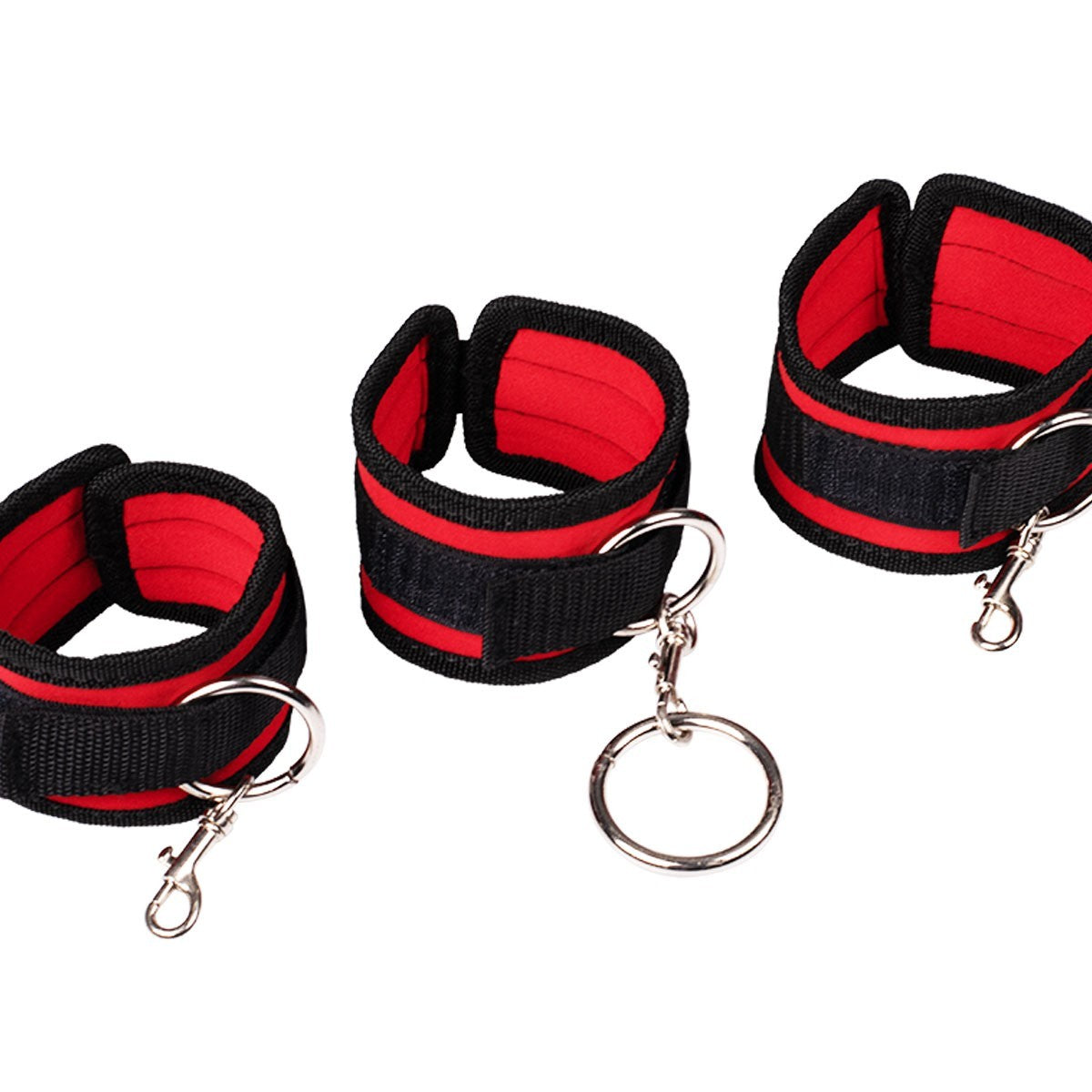 Adjustable red BDSM restraint cuffs with metal D-rings