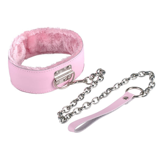 Pink bondage collar and chain lead set KR-0543