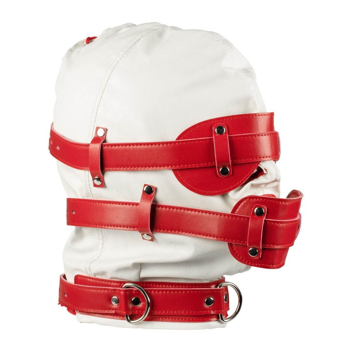 White red faux leather BDSM hood with blindfold and mouth gag
