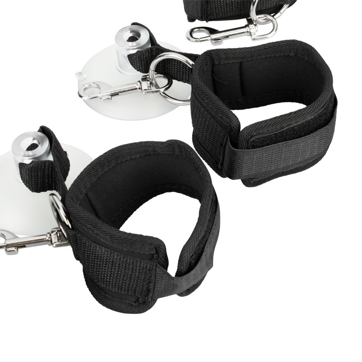 KR-0627 padded black nylon bondage cuffs with suction attachments