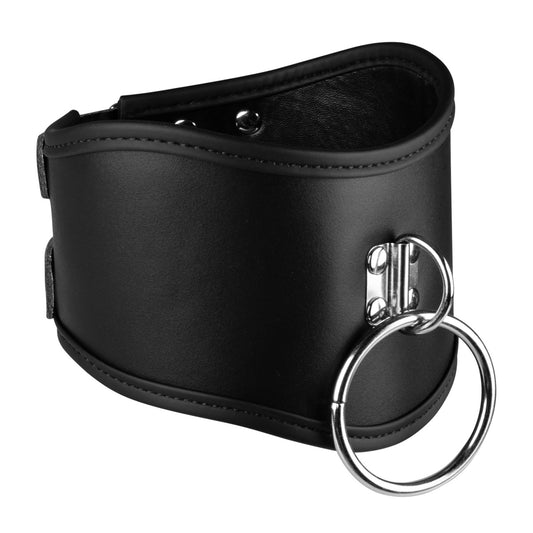 Black Faux Leather Deep Posture Collar with O-Ring BDSM Bondage Neck Restraint