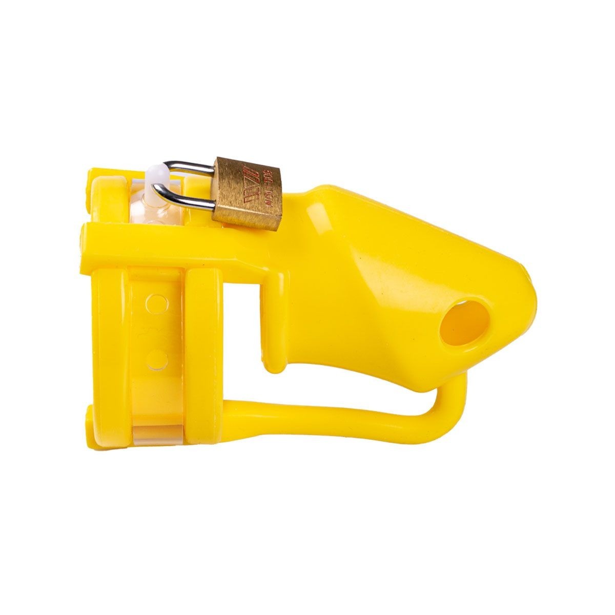 Yellow silicone male chastity cage with adjustable sizing rings