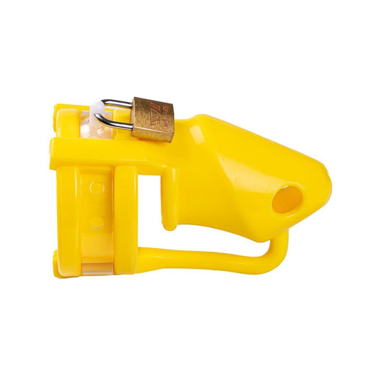 Yellow silicone male chastity cage with adjustable sizing rings