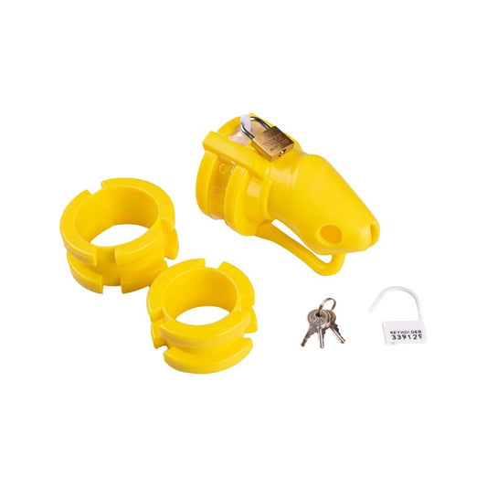Lockable yellow male chastity device with padlock and keys