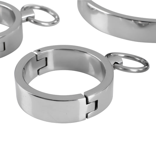 Polished steel BDSM restraint set with collar and cuffs